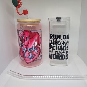 2/$16 Pink Scrub Life Tumbler and Clear Caffeine Chaos Tumbler Set
